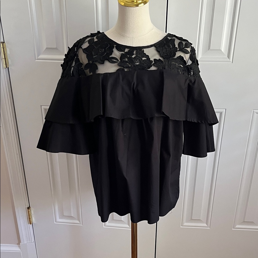 Black Lace Yoke Ruffle Blouse - Women's Top